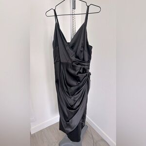 Black Satin Adjustable Spaghetti Strap Wrap V-Neck Ruched Slit Mini Dress